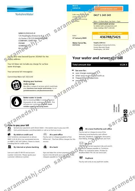 United Kingdom Yorkshire water business utility bill template in Word and PDF formats